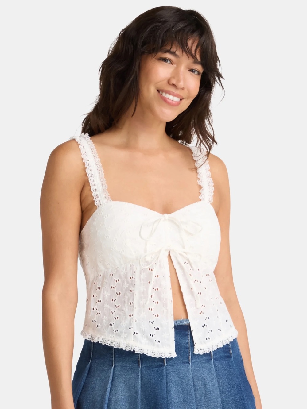 Lace-Trim White Eyelet Tie-Front Tank